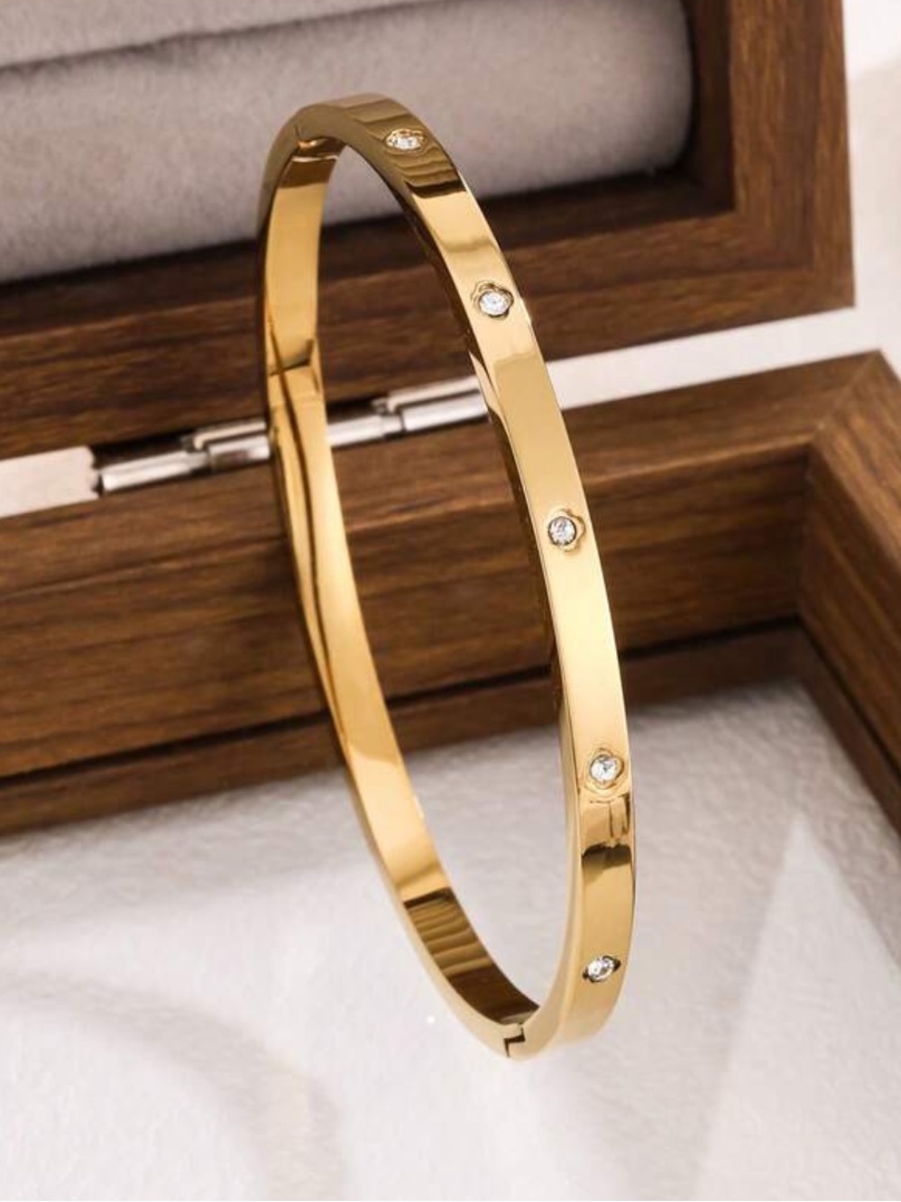 Gold Stainless Steel love Bracelet Set Crystal bangles stack 3pc nail clover - Picture 3 of 3